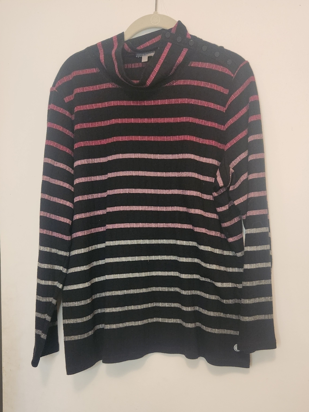 Talbots Black Cowlneck Sweater with Pink and Gray Stripes